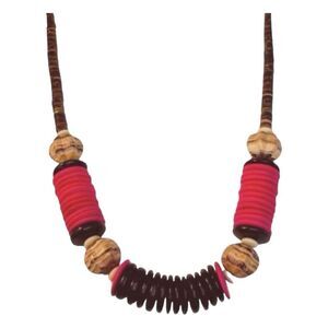 Vintage Chunky Beaded Necklace Pink Black Brown Wood Disk Beads Tribal Bohemian